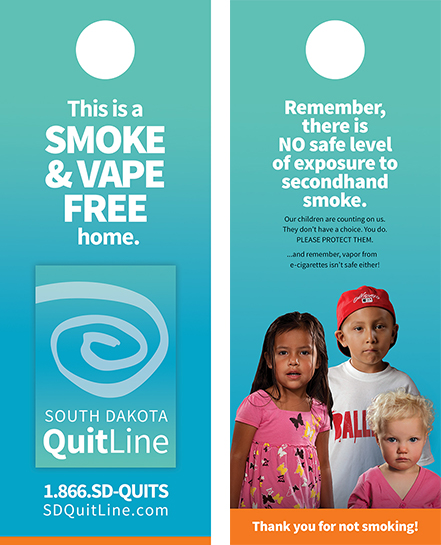 front and back of the Quit Line door hanger that says "This is a smoke and vape free home."
